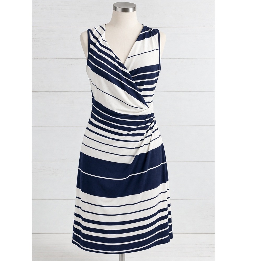 Michael Stars Striped Faux Wrap Ruched Sheath Dress Navy White XS Womens DS21